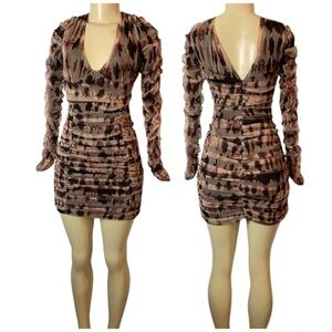 Zara Pink, Brown & Black Ruched V-Neck Mini Dress